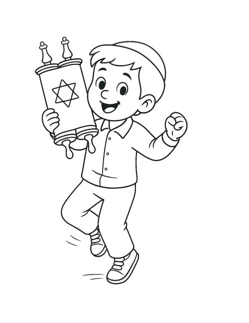 דפי צביעה | ילד שמח ורוקד עם ספר תורה