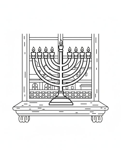 דפי צביעה לחנוכה | חנוכיה על אדן החלון