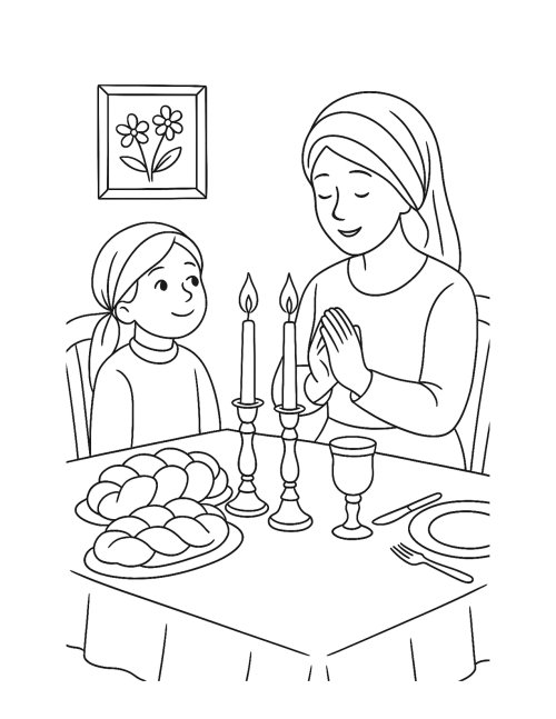 דף צביעה לילדים | אם ובת ליד שולחן שבת
