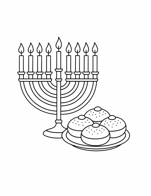דפי צביעה לחנוכה | חנוכיה דולקת וצלחת סופגניות טעימות