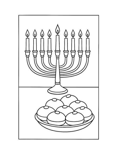 דפי צביעה לחנוכה | חנוכיה וסופגניות