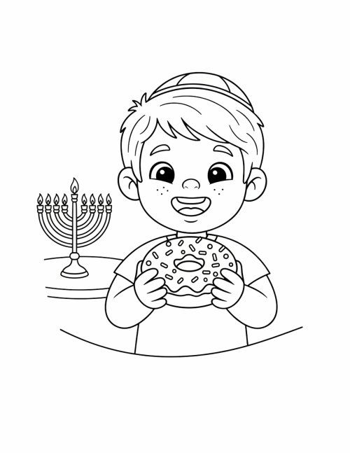דפי צביעה לחנוכה | ילד אוכל סופגניה בהנאה