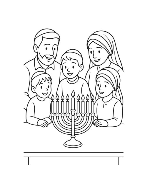 דפי צביעה לחנוכה | משפחה שמחה ליד חנוכיה