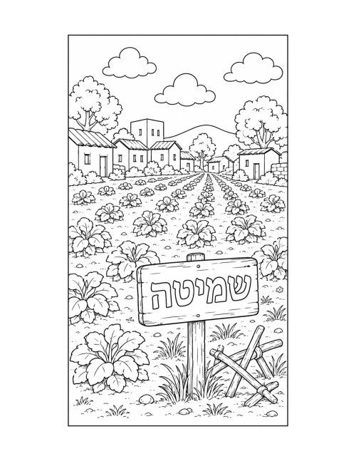 דפי צביעה, פרשת ראה | שדה חקלאי עם שלט "שמיטה"